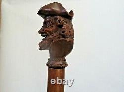 Antique Folk Art Hand Carved Man's Head Nut Cracker Handled Cane Circa 1890's