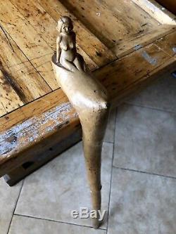 Antique Folk Art Hand Carved Nude Walking Stick, Cane, Naive, naughty
