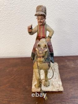 Antique Folk Art Hand Carved & Painted Horse With Rider Statue