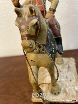 Antique Folk Art Hand Carved & Painted Horse With Rider Statue