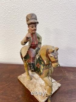 Antique Folk Art Hand Carved & Painted Horse With Rider Statue