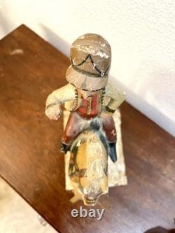 Antique Folk Art Hand Carved & Painted Horse With Rider Statue