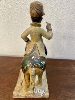 Antique Folk Art Hand Carved & Painted Horse With Rider Statue