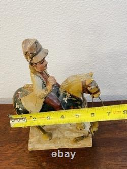 Antique Folk Art Hand Carved & Painted Horse With Rider Statue