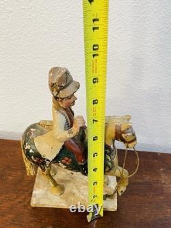 Antique Folk Art Hand Carved & Painted Horse With Rider Statue