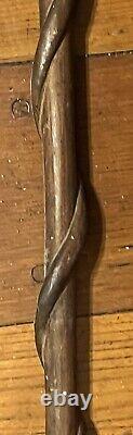Antique Folk Art Hand Carved Snake Figural Cane Head Walking Stick