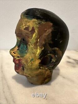 Antique Folk Art Hand Carved Wood Bust Head Splat Paint Art OOAK Men's figure