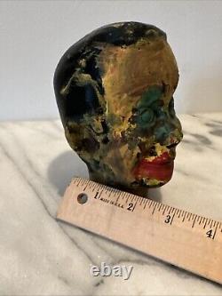 Antique Folk Art Hand Carved Wood Bust Head Splat Paint Art OOAK Men's figure