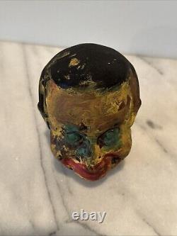 Antique Folk Art Hand Carved Wood Bust Head Splat Paint Art OOAK Men's figure