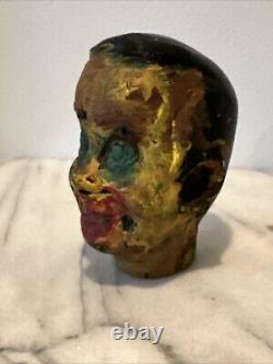 Antique Folk Art Hand Carved Wood Bust Head Splat Paint Art OOAK Men's figure