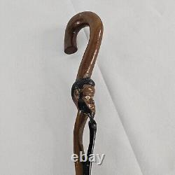 Antique Folk Art Hand Carved Wood Handstaff Cane Man Beard Swirling Throughout