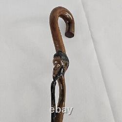 Antique Folk Art Hand Carved Wood Handstaff Cane Man Beard Swirling Throughout