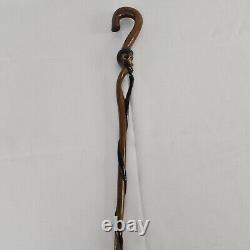 Antique Folk Art Hand Carved Wood Handstaff Cane Man Beard Swirling Throughout