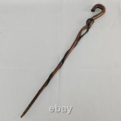 Antique Folk Art Hand Carved Wood Handstaff Cane Man Beard Swirling Throughout