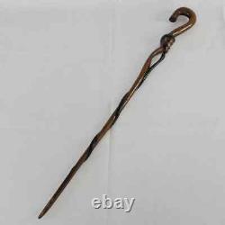 Antique Folk Art Hand Carved Wood Handstaff Cane Man Beard Swirling Throughout