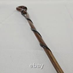 Antique Folk Art Hand Carved Wood Handstaff Cane Man Beard Swirling Throughout