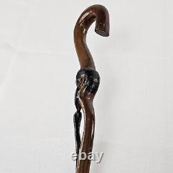 Antique Folk Art Hand Carved Wood Handstaff Cane Man Beard Swirling Throughout