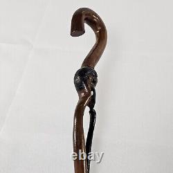 Antique Folk Art Hand Carved Wood Handstaff Cane Man Beard Swirling Throughout