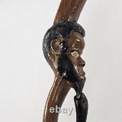 Antique Folk Art Hand Carved Wood Handstaff Cane Man Beard Swirling Throughout