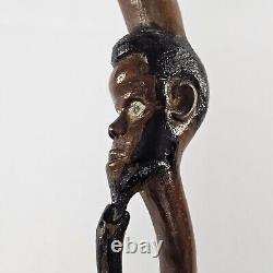 Antique Folk Art Hand Carved Wood Handstaff Cane Man Beard Swirling Throughout