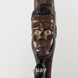 Antique Folk Art Hand Carved Wood Handstaff Cane Man Beard Swirling Throughout