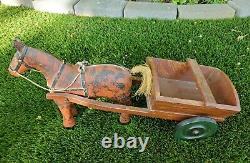 Antique Folk Art Hand Carved Wood Horse And Cart