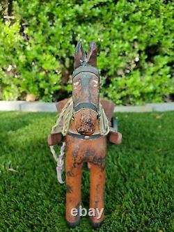 Antique Folk Art Hand Carved Wood Horse And Cart