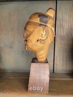 Antique Folk Art Hand Carved Wooden Ventriloquist Dummy Head Oriental Asian