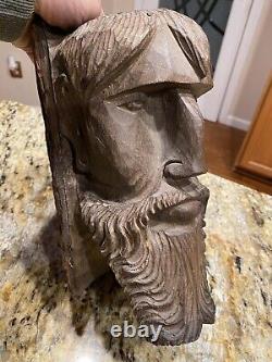 Antique Folk Art Hand carved wood mans Face & Detailed Beard