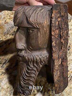 Antique Folk Art Hand carved wood mans Face & Detailed Beard