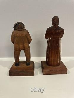 Antique Folk Art Huggler Wyss Swiss Carved Wood Figurines 4.5 Tall Set of 2
