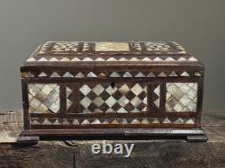 Antique Folk Art Mother of Pearl Inlaid Hand Carved Footed Table Box