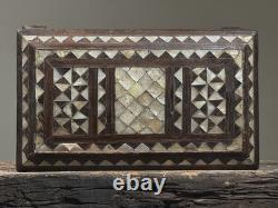 Antique Folk Art Mother of Pearl Inlaid Hand Carved Footed Table Box