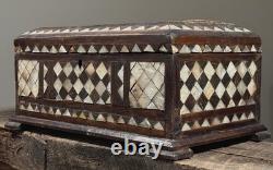 Antique Folk Art Mother of Pearl Inlaid Hand Carved Footed Table Box
