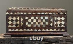 Antique Folk Art Mother of Pearl Inlaid Hand Carved Footed Table Box