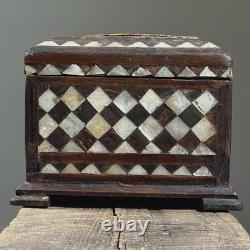 Antique Folk Art Mother of Pearl Inlaid Hand Carved Footed Table Box