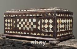 Antique Folk Art Mother of Pearl Inlaid Hand Carved Footed Table Box