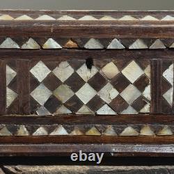 Antique Folk Art Mother of Pearl Inlaid Hand Carved Footed Table Box