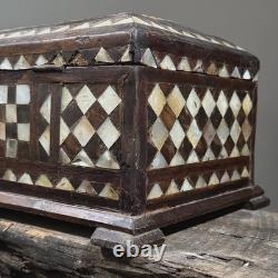 Antique Folk Art Mother of Pearl Inlaid Hand Carved Footed Table Box