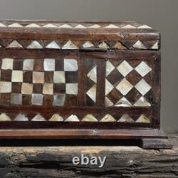 Antique Folk Art Mother of Pearl Inlaid Hand Carved Footed Table Box