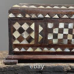 Antique Folk Art Mother of Pearl Inlaid Hand Carved Footed Table Box