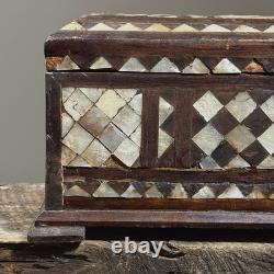 Antique Folk Art Mother of Pearl Inlaid Hand Carved Footed Table Box