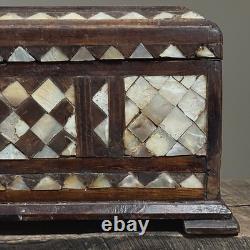 Antique Folk Art Mother of Pearl Inlaid Hand Carved Footed Table Box