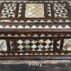 Antique Folk Art Mother of Pearl Inlaid Hand Carved Footed Table Box