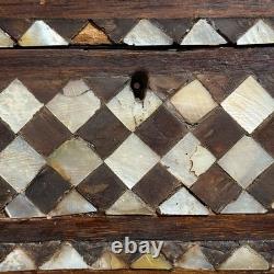 Antique Folk Art Mother of Pearl Inlaid Hand Carved Footed Table Box