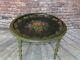 Antique Folk Art Oval Tole Tray Table With Carved Green Faux Bamboo Hand Painted