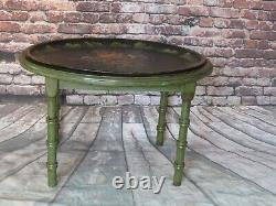 Antique Folk Art Oval Tole Tray Table with Carved Green Faux Bamboo Hand Painted