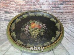 Antique Folk Art Oval Tole Tray Table with Carved Green Faux Bamboo Hand Painted