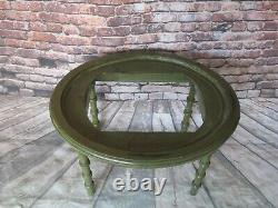 Antique Folk Art Oval Tole Tray Table with Carved Green Faux Bamboo Hand Painted