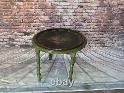 Antique Folk Art Oval Tole Tray Table with Carved Green Faux Bamboo Hand Painted